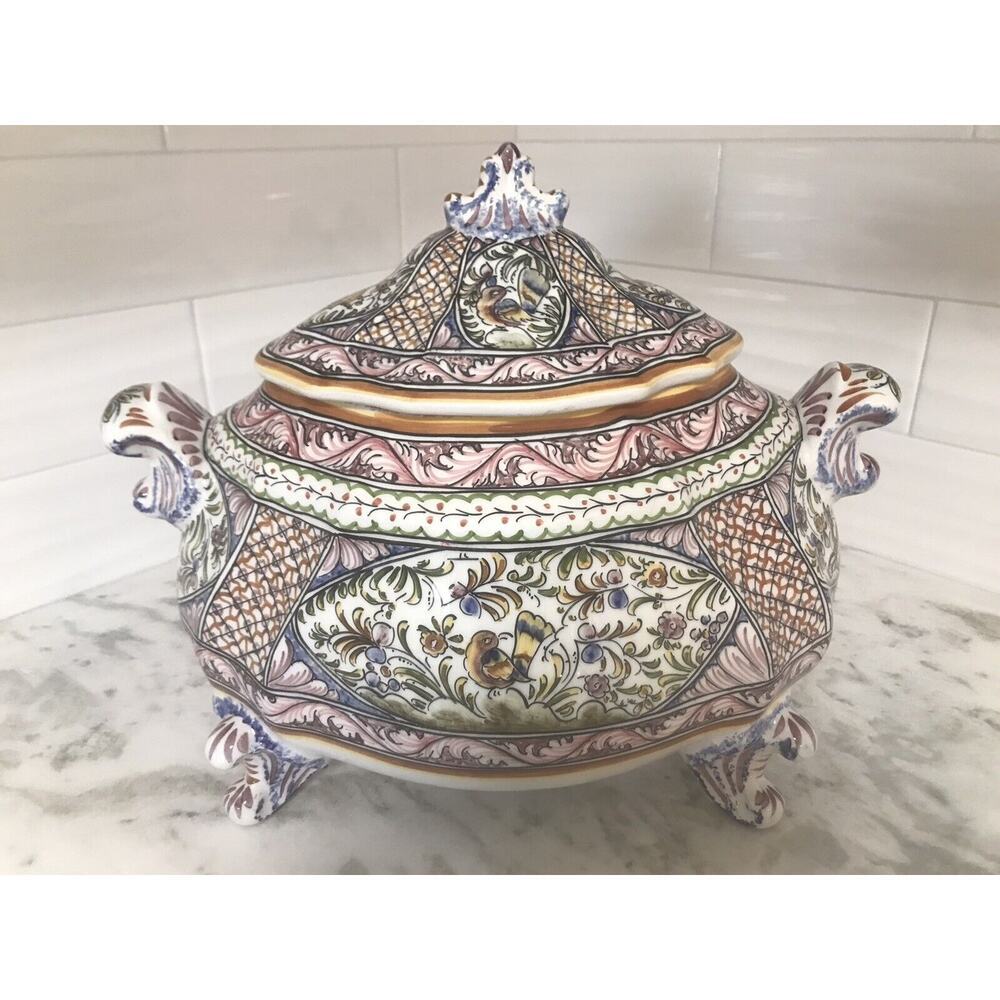 X-Large Hand Painted Floral Portugal Heavy Soup Tureen Bowl Signed